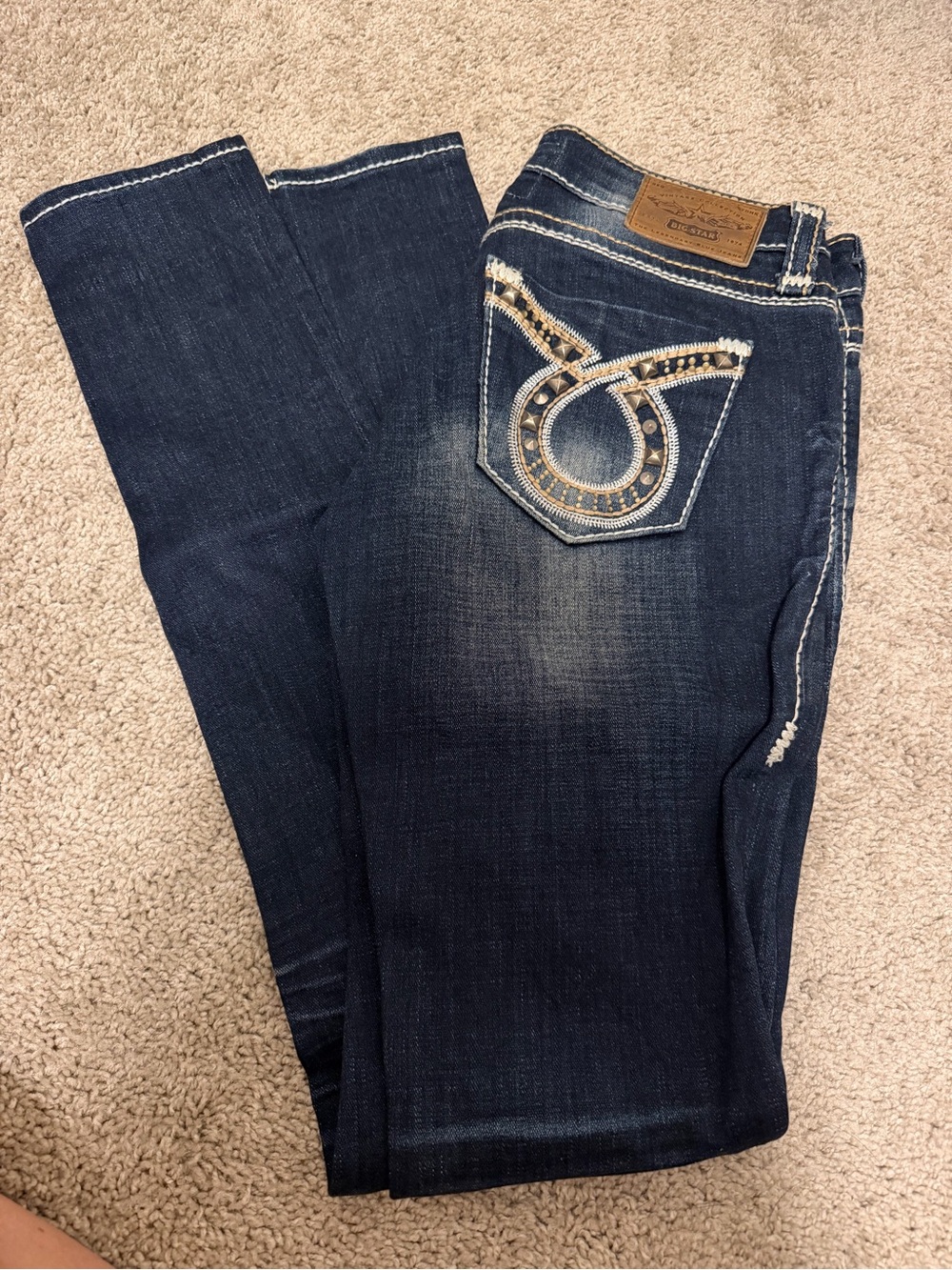 Big Star Dark Blue Skinny Jeans with Embellished Back Pocket - 28 Extra Long